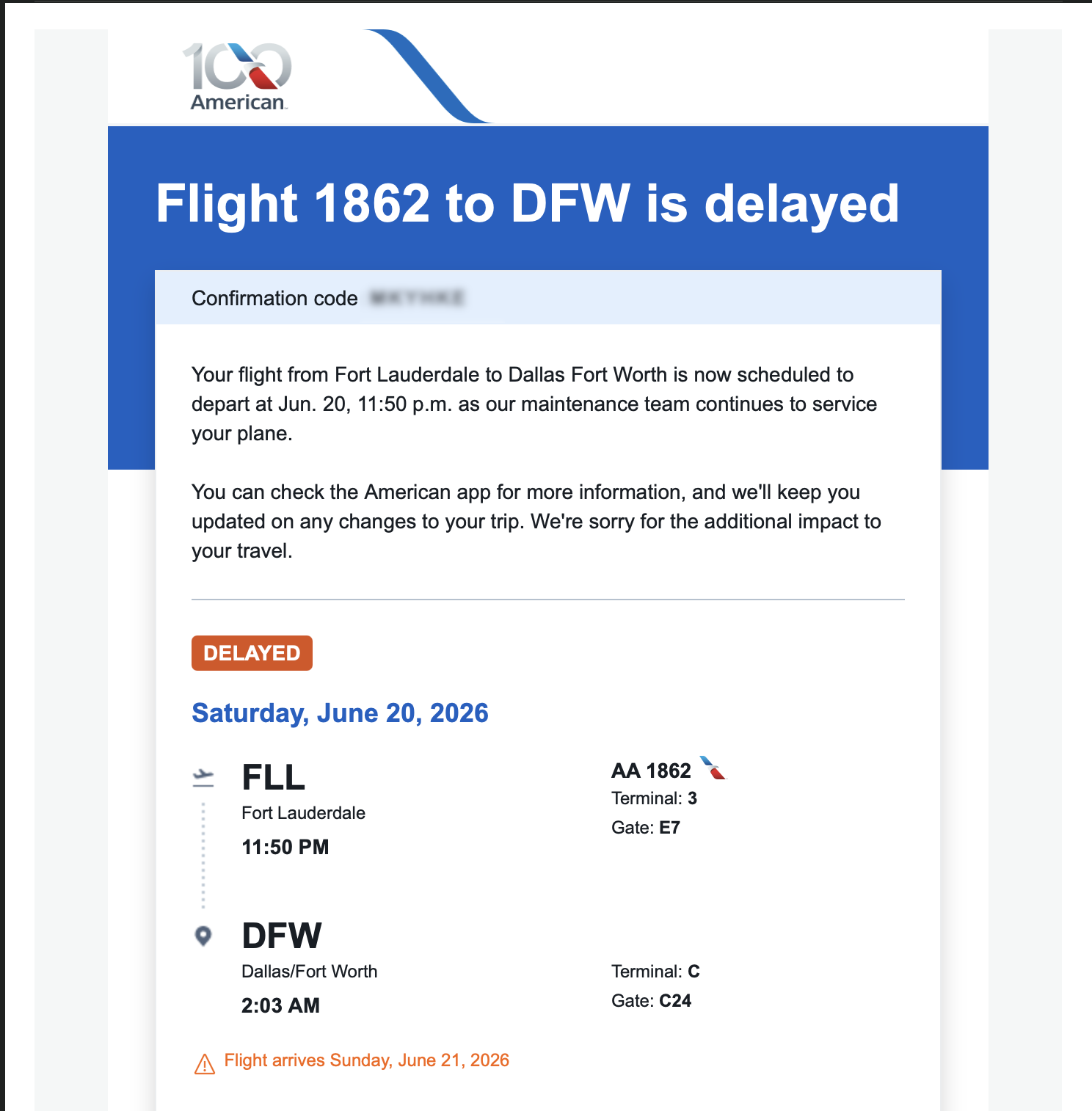 American Airlines delay notice
