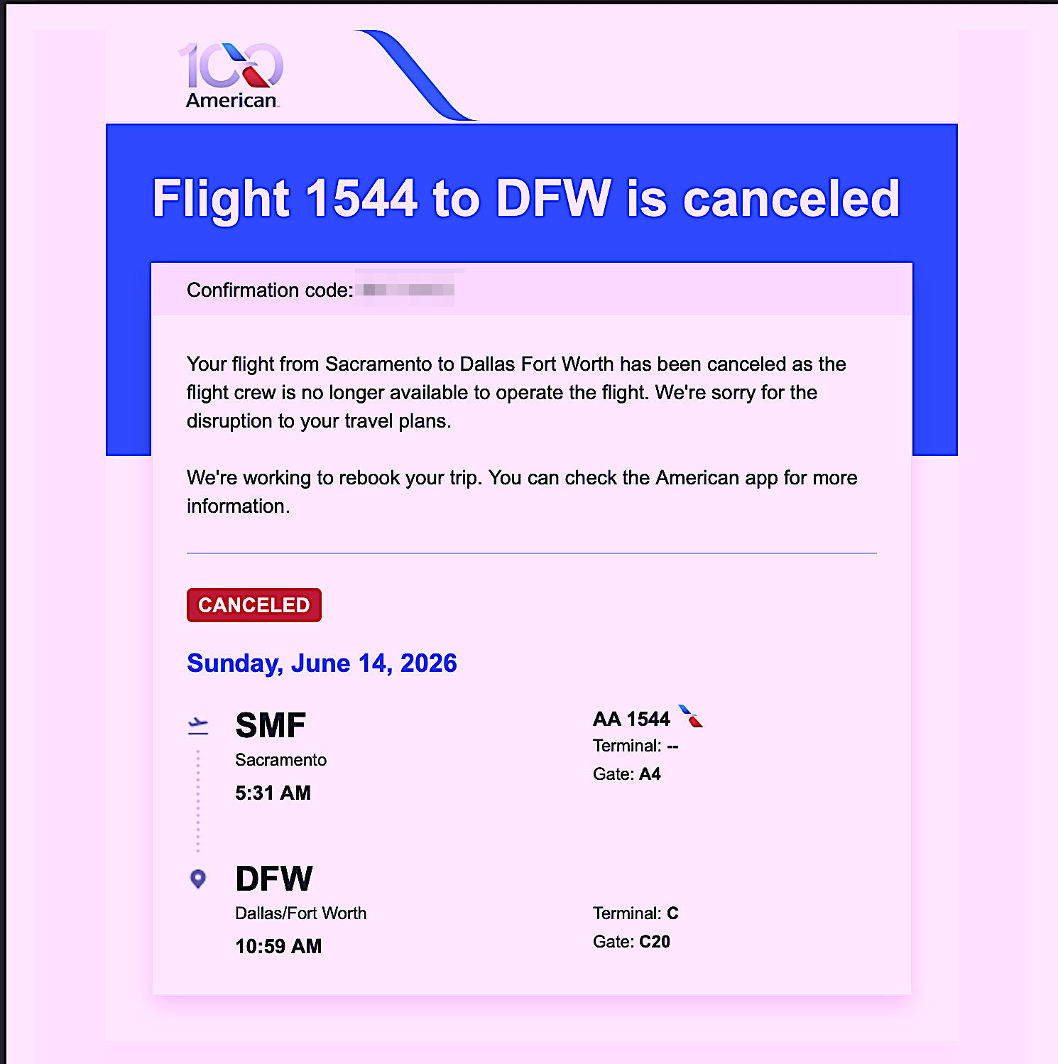 American Airlines cancellation notice