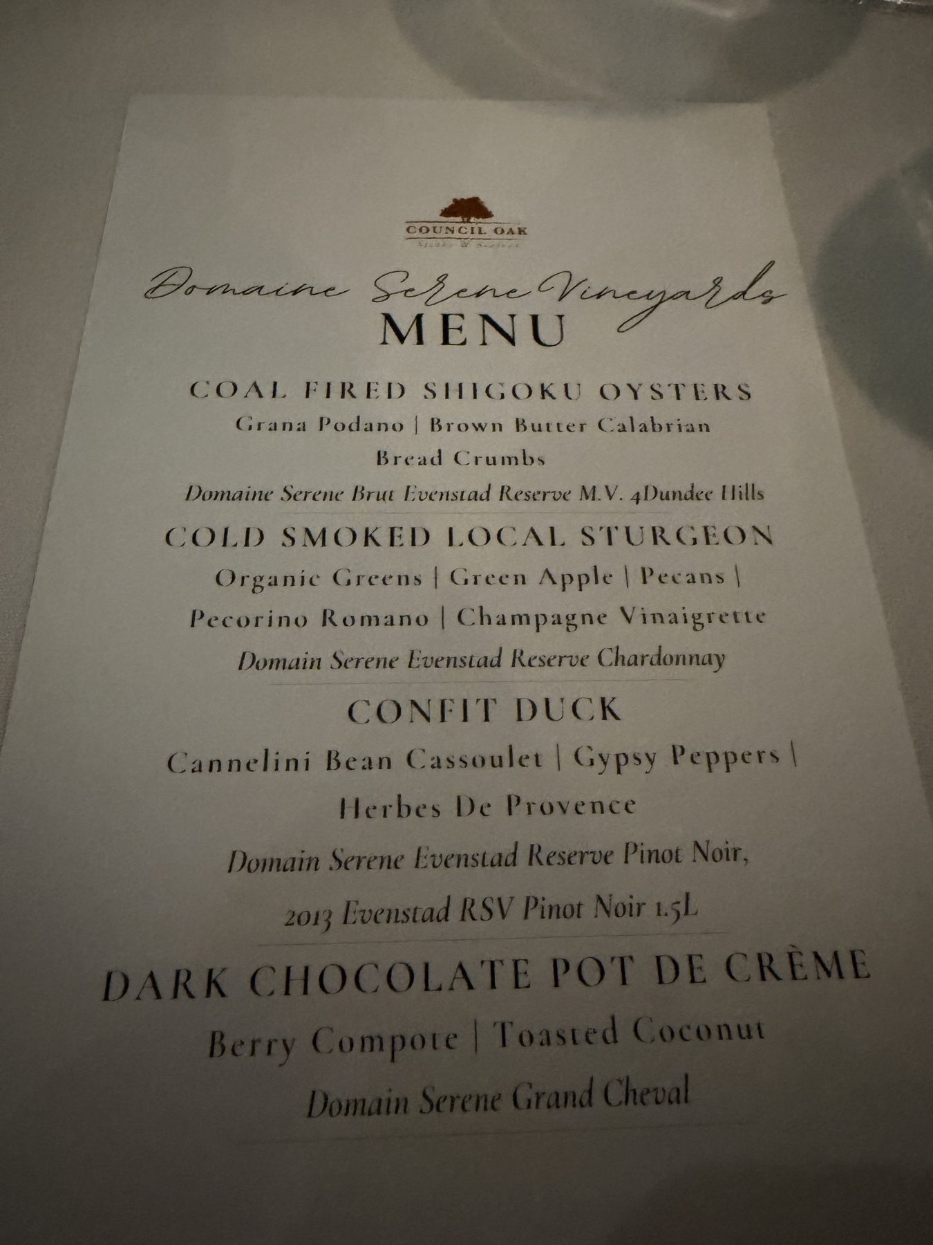 Printed Domaine Serene menu at Council Oak