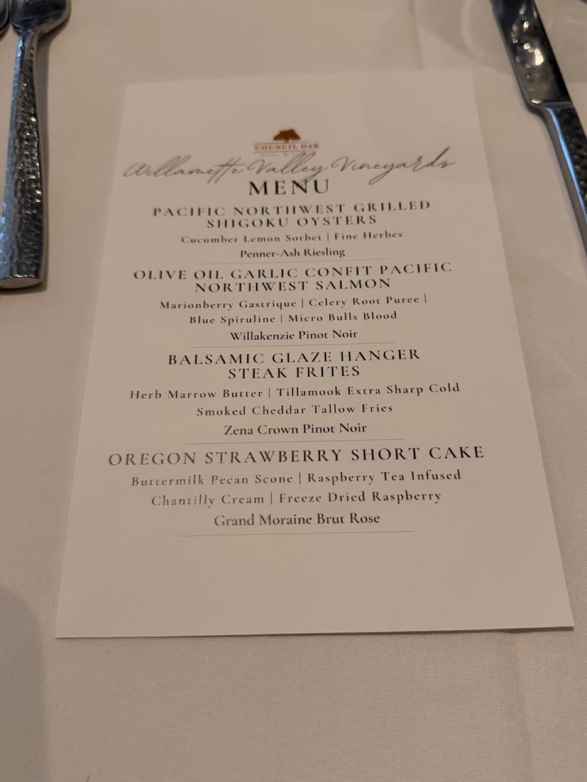 Council Oak menu for Willamette Valley Vineyards dinner