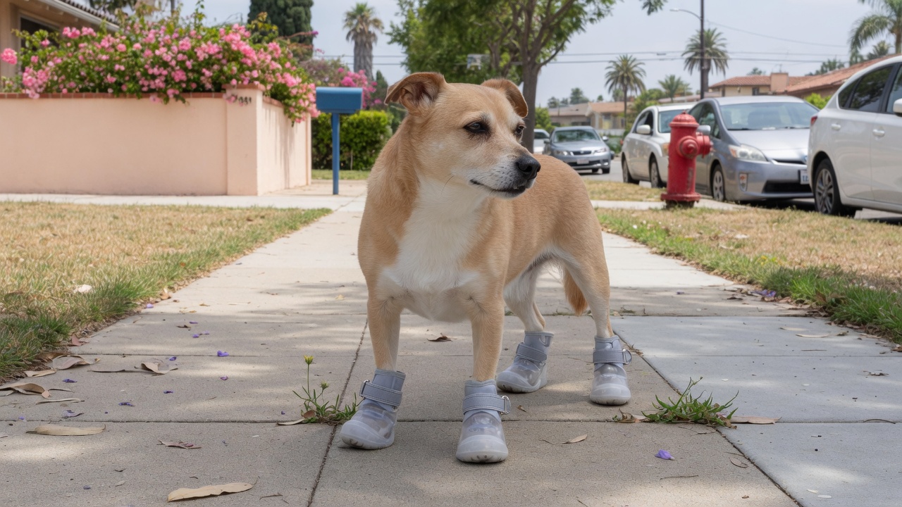 Dog wearing protective paw booties on a suburban sidewalk