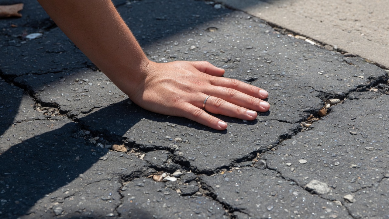 Person placing the back of their hand on hot asphalt to test temperature