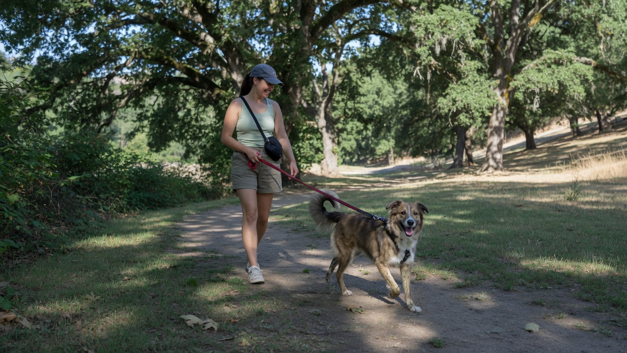 Person walking a dog on a shady dirt path under trees