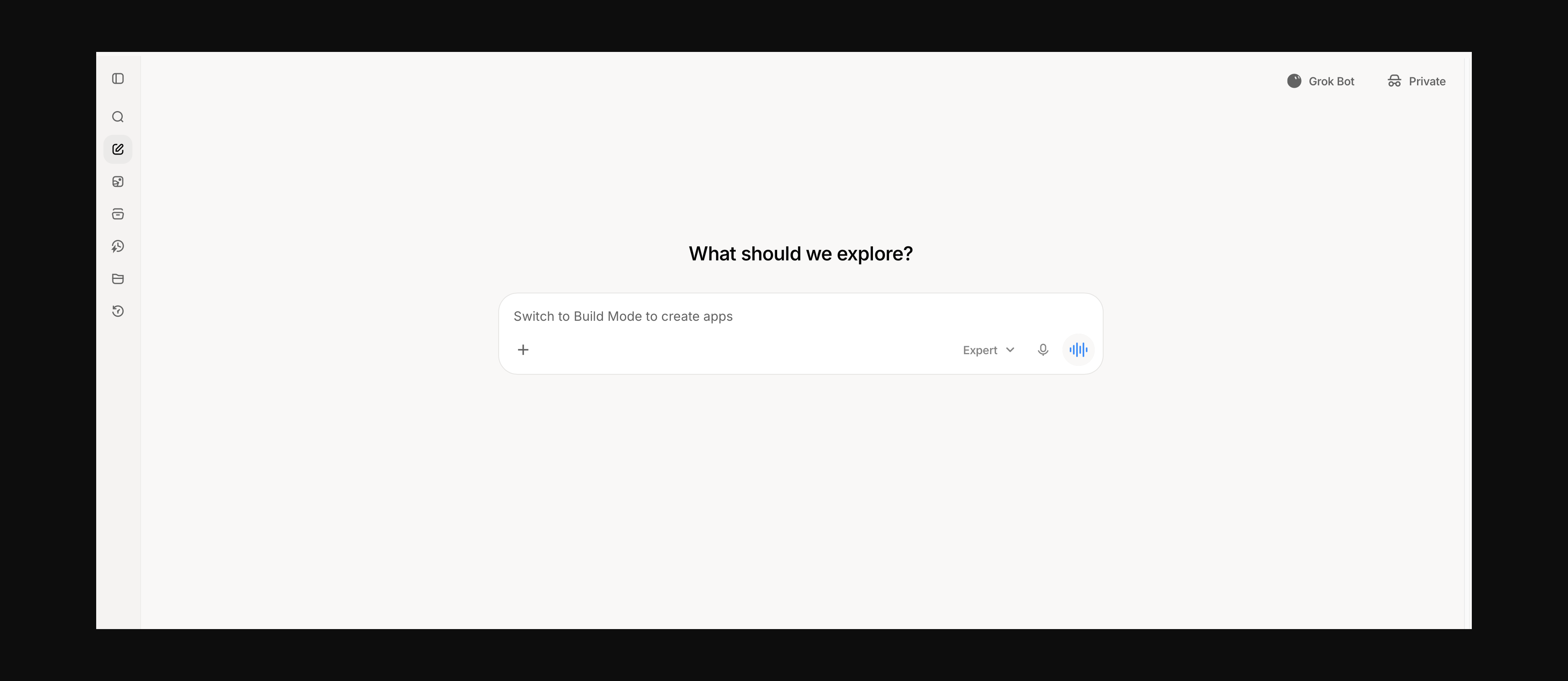 Grok web chat home screen with Expert mode selected and sidebar collapsed