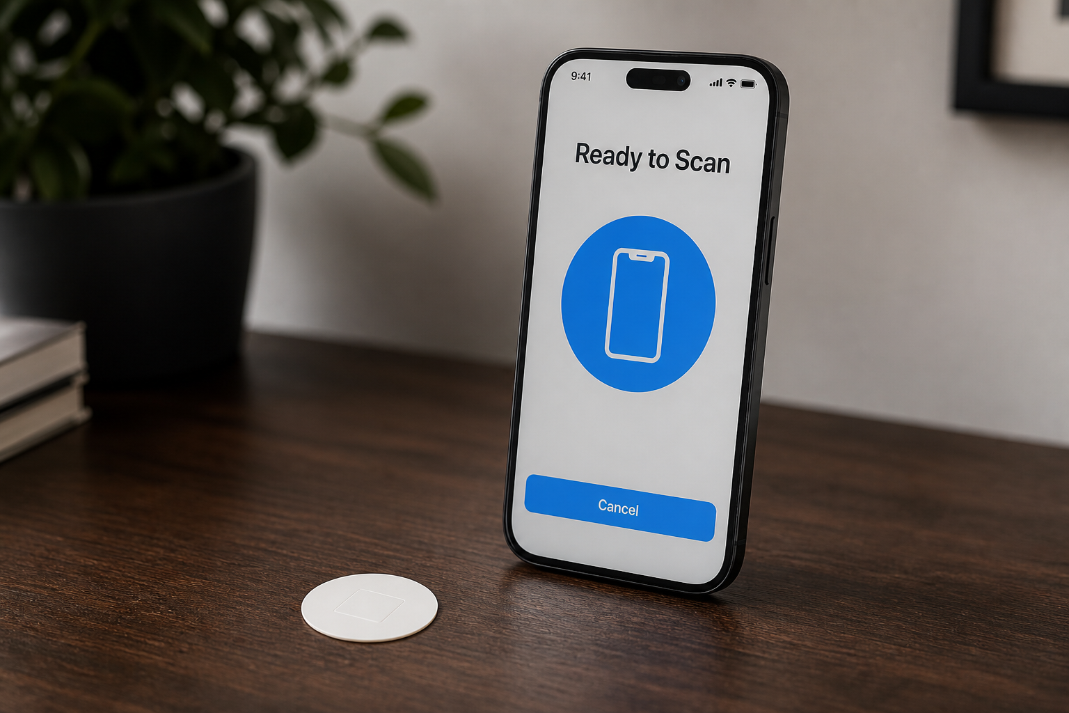 iPhone Ready to Scan next to a round white NFC sticker
