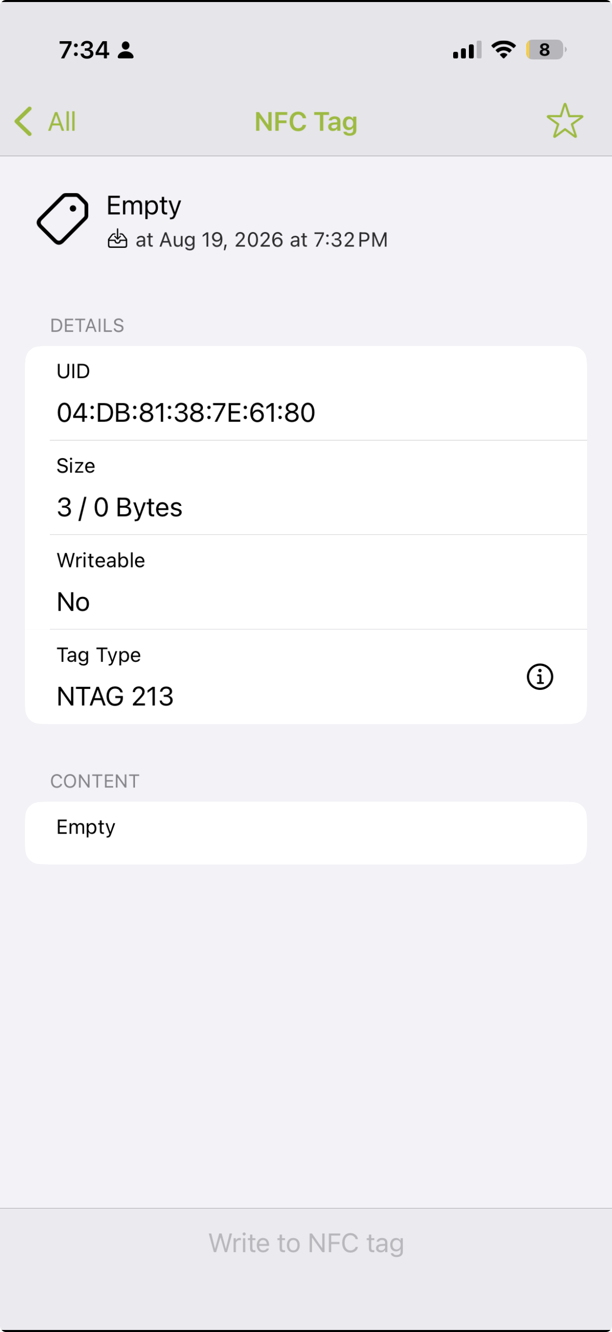 iPhone NFC reader showing a tag left empty and locked after a bad write