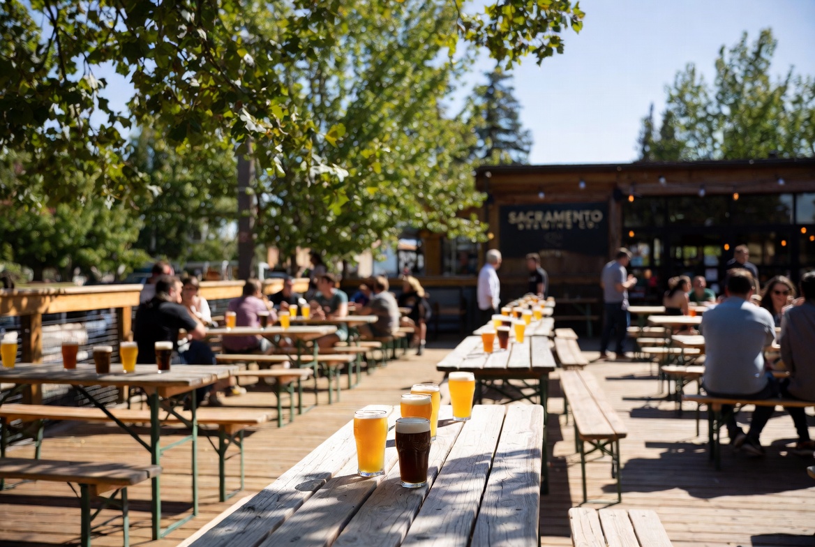 Outdoor brewery patio with pints at Drake’s The Barn