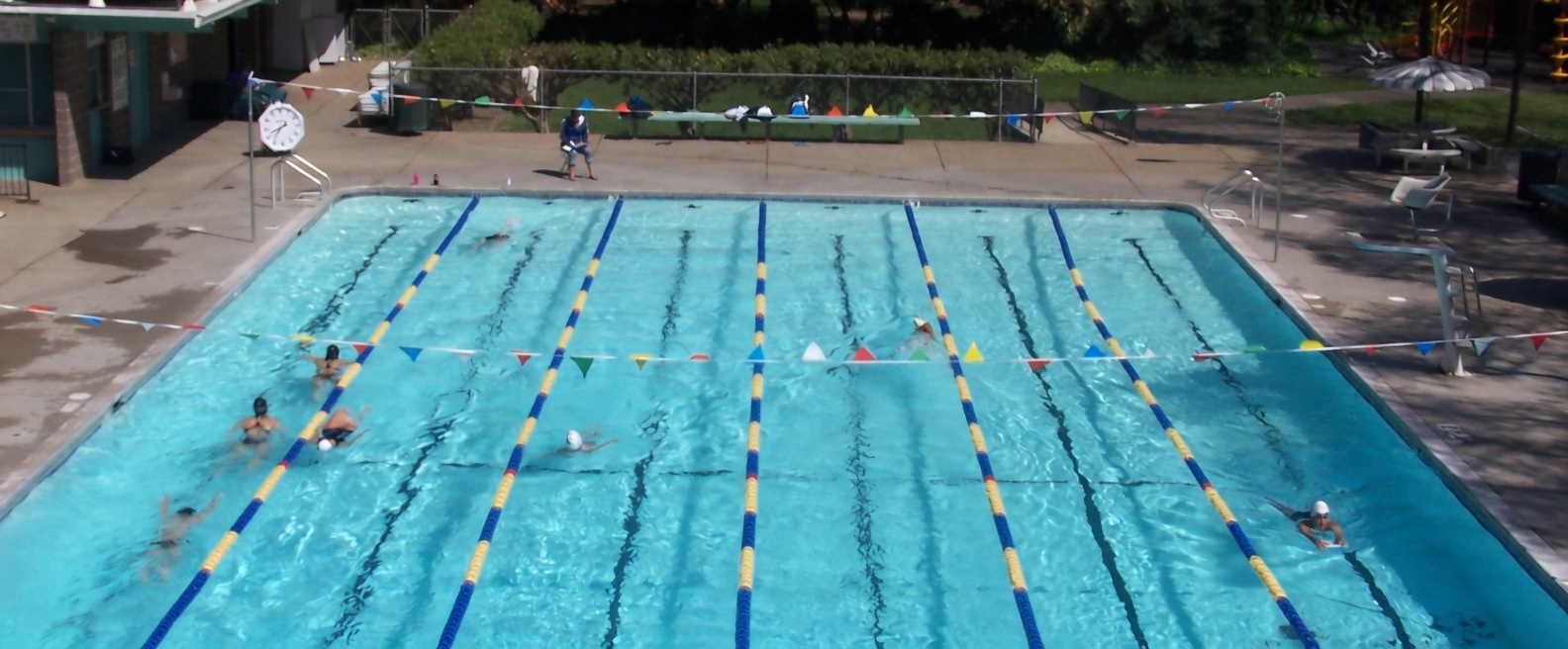 Jerry Fox–style outdoor swim center with lap lanes, pennant flags, and swimmers