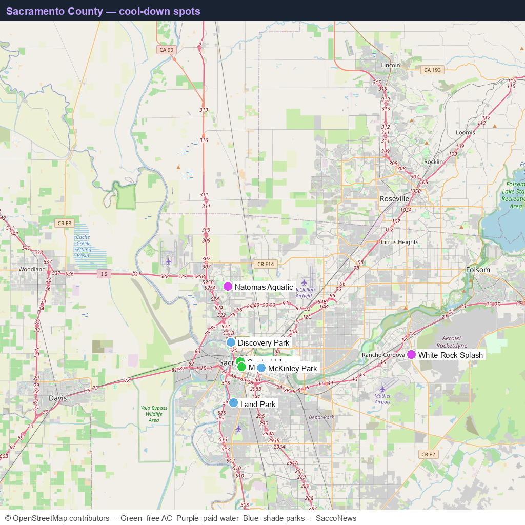 Map of free AC, parks, and water spots across Sacramento County
