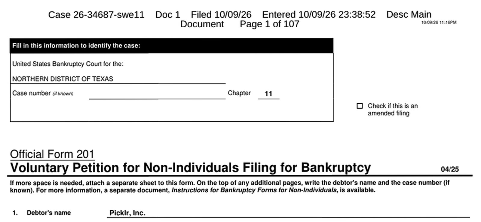 First page of the Picklr, Inc. Chapter 11 petition